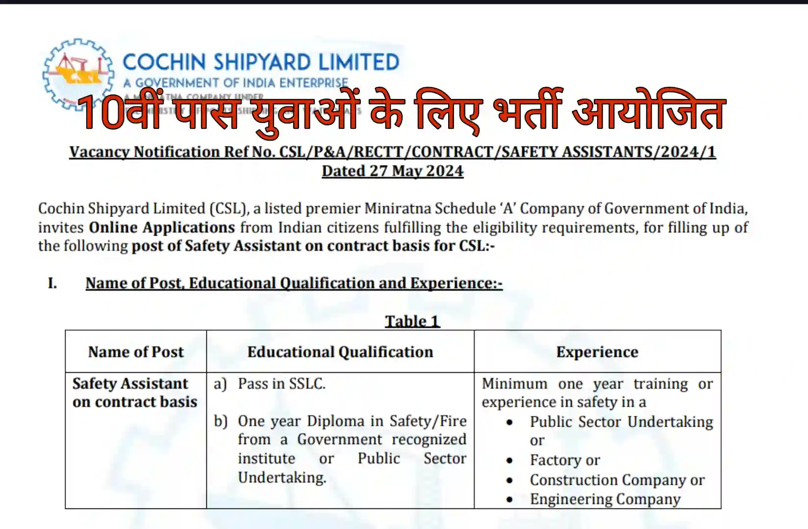 Cochin Shipyard Vacancy